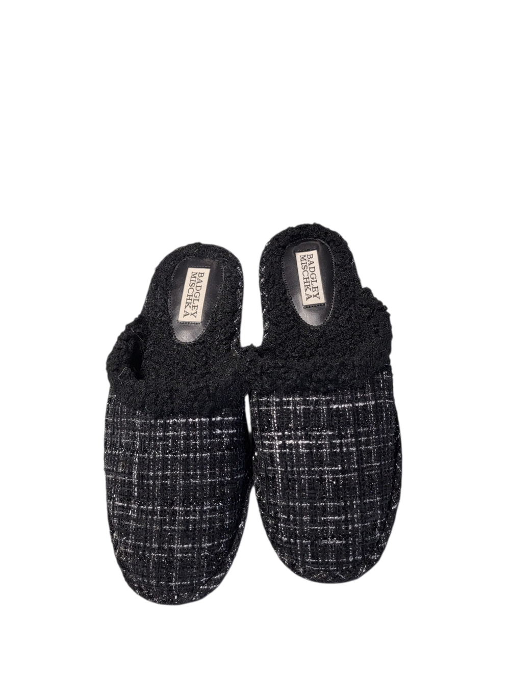 Badgley Mischka Black Tweed Slip-On Slippers with Sherpa Collar and Interior
